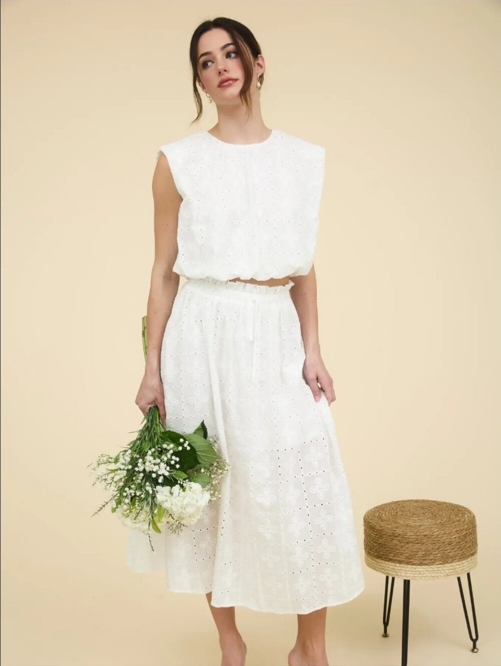 Eyelet Ruffle Detail Midi Skirt